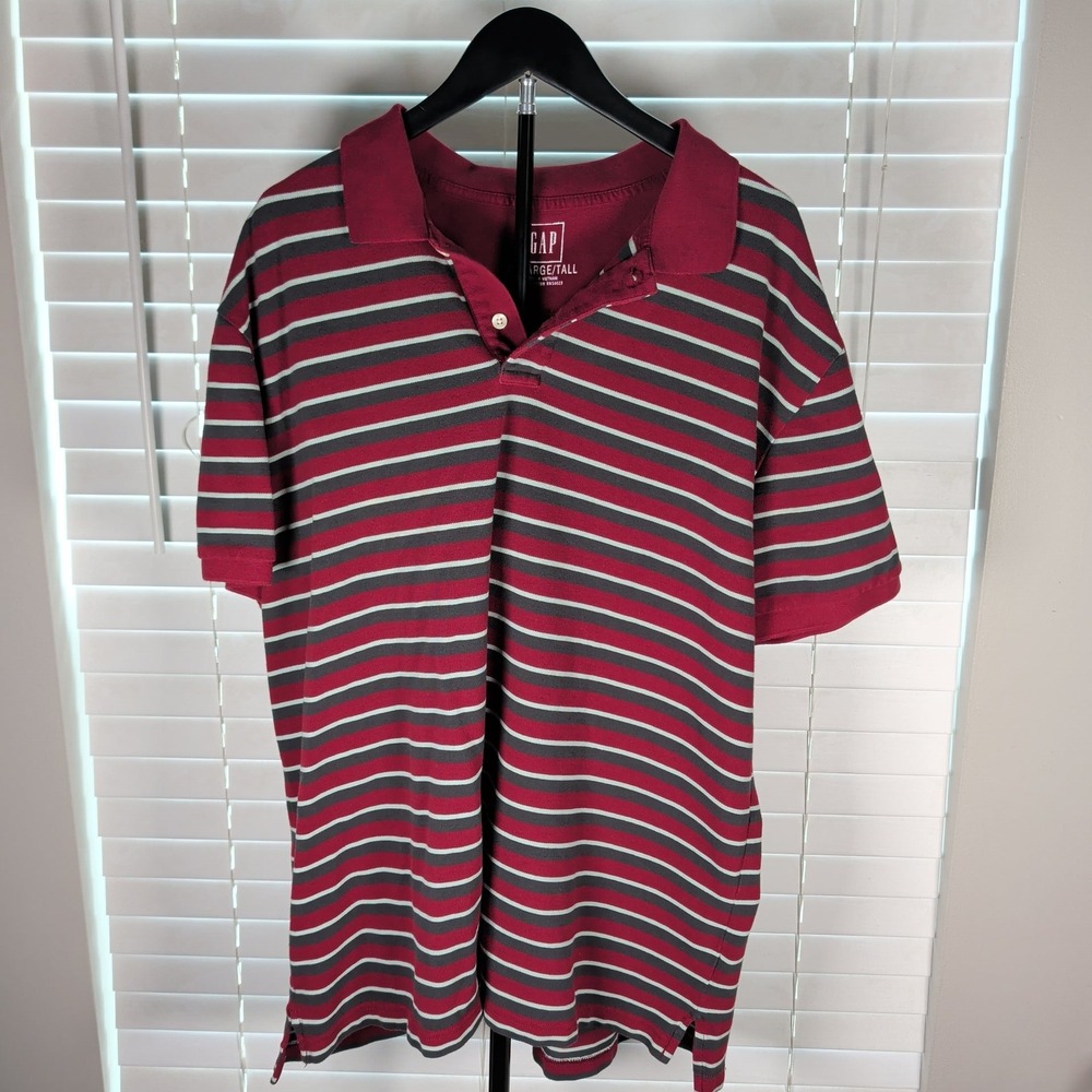 GAP Polo Shirt Mens XXL Tall Burgundy Striped Cotton Short Sleeve Excellent